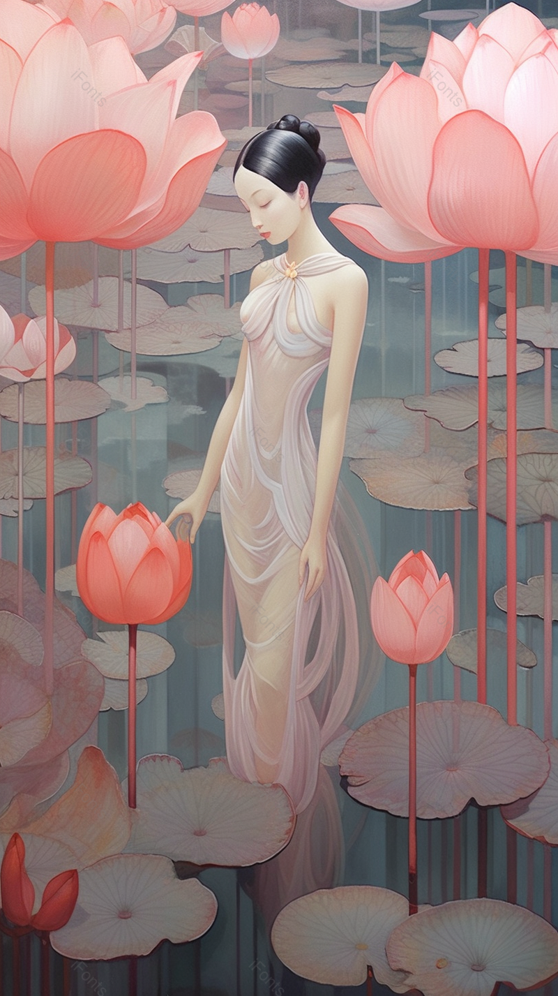 柔美夏天水面河流荷花盛开荷叶茂密唯美女性淡雅插画,插画/手绘图,插画/手绘图库,插画/手绘图下载,插画/手绘